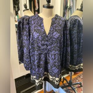 Loft- Elegant Black and Purple Floral Women's Tunic, Size Large